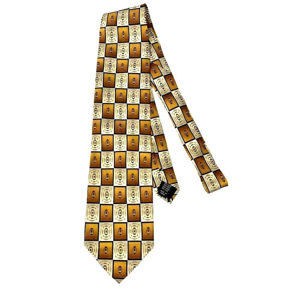 Bergamo New York 100% Silk Beige Gold Geometric Rectangle Blocks Necktie Tie